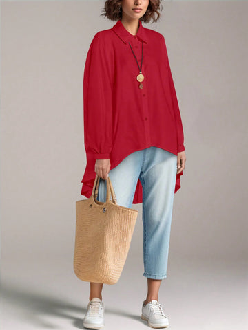 Long Sleeve Shirt Women Casual Autumn Winter White Batwing Sleeve Button Front Top