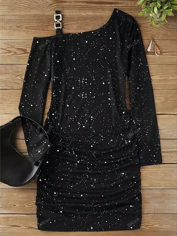 Long Sleeve Solid Sequin Slim Fit Cold Shoulder Bodycon Party Dress For Women,Autumn/Winter
