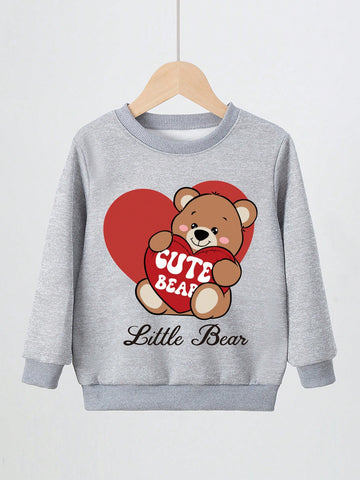 Long Sleeve Sweatshirt With Bear & Heart Print, Young Girl Girls Spring/Autumn Tops