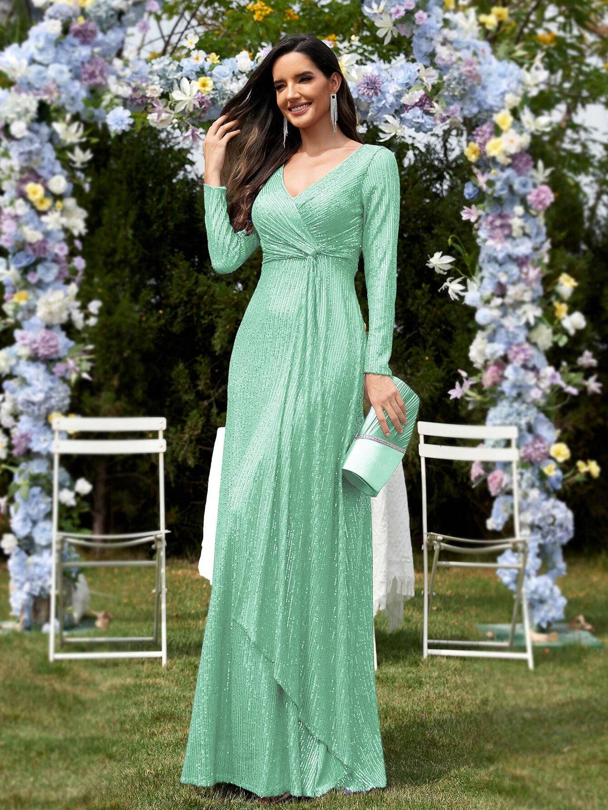 Long Sleeve V-Neck Beaded Knot Detail Elegant Formal Maxi Dress