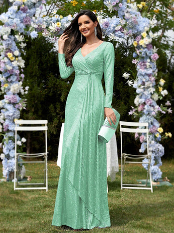 Long Sleeve V-Neck Beaded Knot Detail Elegant Formal Maxi Dress