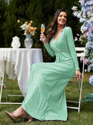 Long Sleeve V-Neck Beaded Knot Detail Elegant Formal Maxi Dress