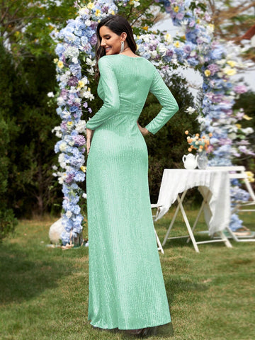 Long Sleeve V-Neck Beaded Knot Detail Elegant Formal Maxi Dress