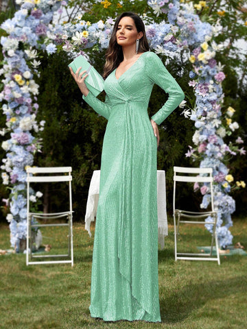 Long Sleeve V-Neck Beaded Knot Detail Elegant Formal Maxi Dress