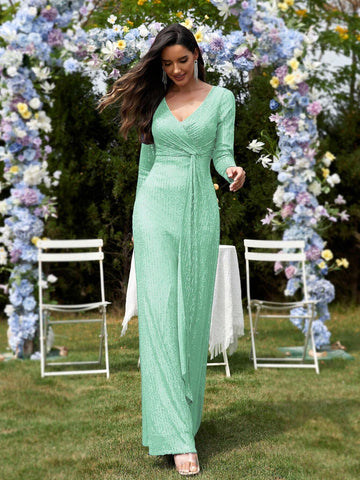 Long Sleeve V-Neck Beaded Knot Detail Elegant Formal Maxi Dress