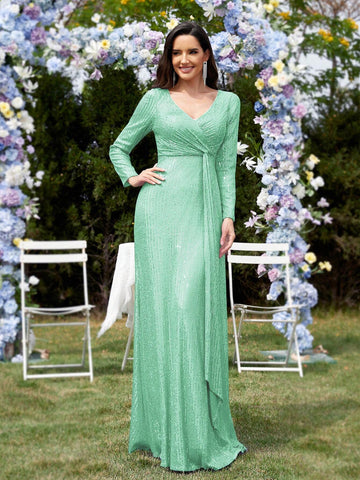 Long Sleeve V-Neck Beaded Knot Detail Elegant Formal Maxi Dress