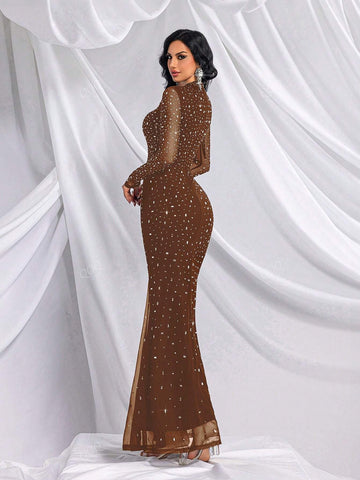 Black Crystal Embellished Stand Collar Fishtail Maxi Formal Dress