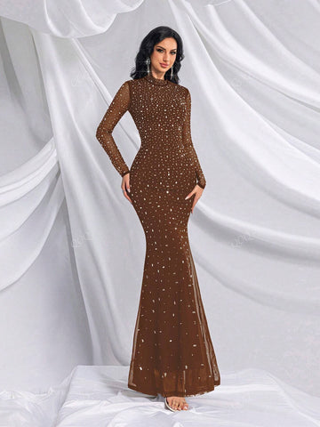 Black Crystal Embellished Stand Collar Fishtail Maxi Formal Dress