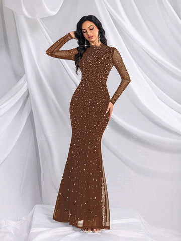Black Crystal Embellished Stand Collar Fishtail Maxi Formal Dress