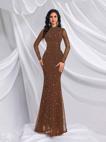 Black Crystal Embellished Stand Collar Fishtail Maxi Formal Dress