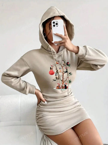 Long Sleeved Women's Hooded Short Dress Suitable For Christmas Everyday Wear