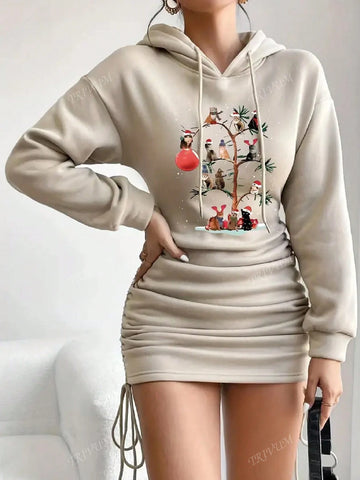 Long Sleeved Women's Hooded Short Dress Suitable For Christmas Everyday Wear