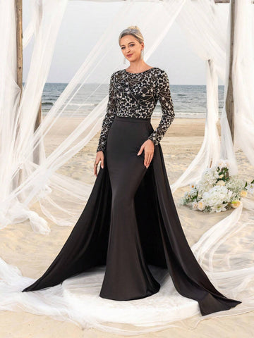 Long Sleeves Floor Length Sequin Splice Chiffon Formal Party Dress Mother Of The Bride Dress