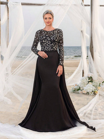 Long Sleeves Floor Length Sequin Splice Chiffon Formal Party Dress Mother Of The Bride Dress