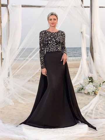 Long Sleeves Floor Length Sequin Splice Chiffon Formal Party Dress Mother Of The Bride Dress