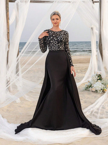 Long Sleeves Floor Length Sequin Splice Chiffon Formal Party Dress Mother Of The Bride Dress
