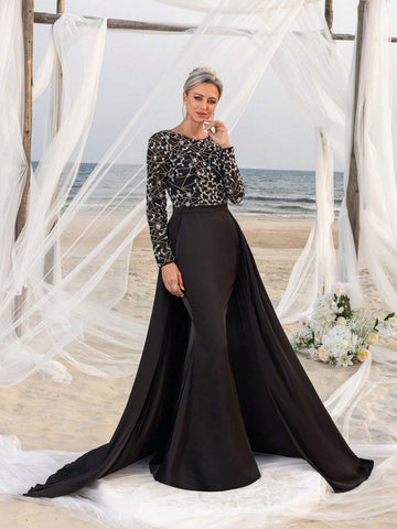 Long Sleeves Floor Length Sequin Splice Chiffon Formal Party Dress Mother Of The Bride Dress