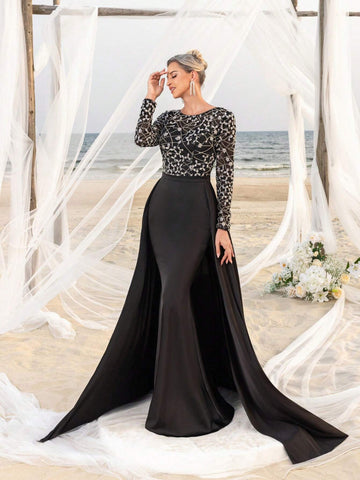 Long Sleeves Floor Length Sequin Splice Chiffon Formal Party Dress Mother Of The Bride Dress