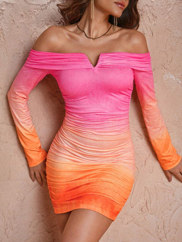 LooksByLunden Designer Summer Elegant Off Shoulder Ruched Slim Ombre Dress