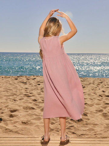 Solid Color Round Neck Sleeveless Casual Loose Dress For Young Girls