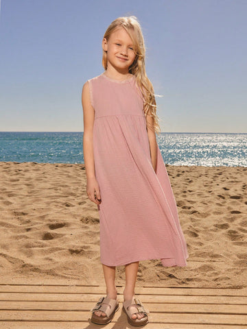 Solid Color Round Neck Sleeveless Casual Loose Dress For Young Girls
