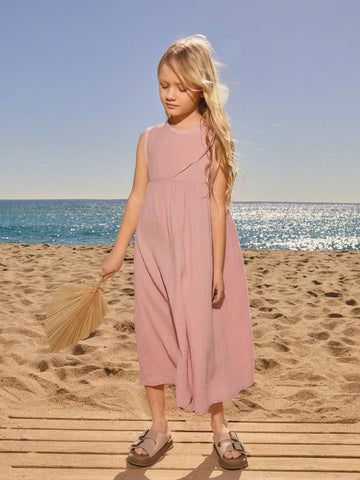 Solid Color Round Neck Sleeveless Casual Loose Dress For Young Girls