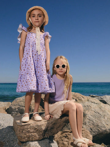 Young Girl Ditsy Floral Cap Sleeve Loose Round Neck Dress