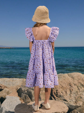 Young Girl Ditsy Floral Cap Sleeve Loose Round Neck Dress