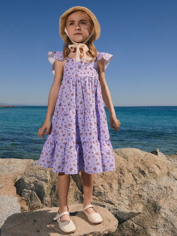 Young Girl Ditsy Floral Cap Sleeve Loose Round Neck Dress