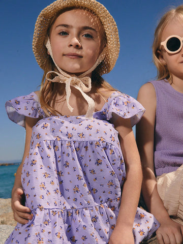 Young Girl Ditsy Floral Cap Sleeve Loose Round Neck Dress