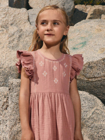 Young Girl Geometric Print Round Neck Cap Sleeve Casual Dress