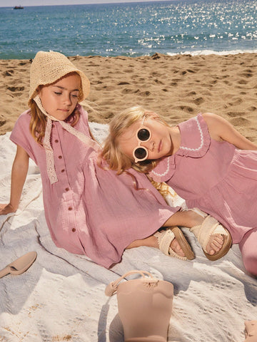 Young Girl Vacation Casual Front Button Up Dress