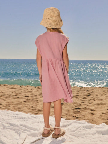 Young Girl Vacation Casual Front Button Up Dress