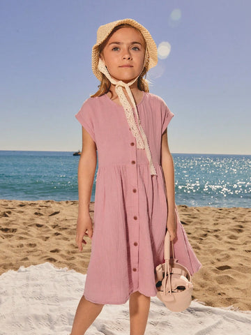 Young Girl Vacation Casual Front Button Up Dress