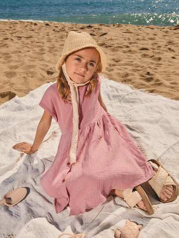 Young Girl Vacation Casual Front Button Up Dress