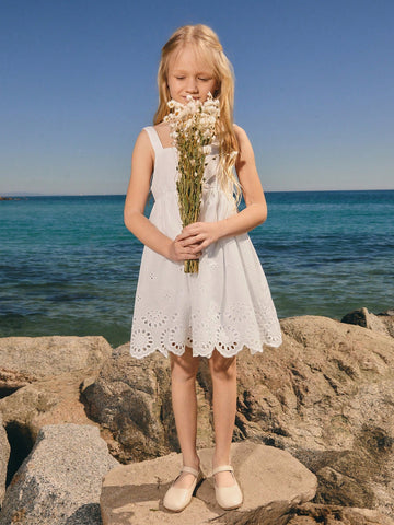 Young Girl's Embroidered Textured White Casual Vacation A-Line Mini Dress, Versatile For Spring/Summer