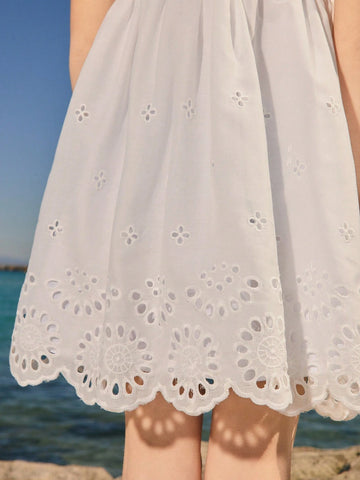Young Girl's Embroidered Textured White Casual Vacation A-Line Mini Dress, Versatile For Spring/Summer