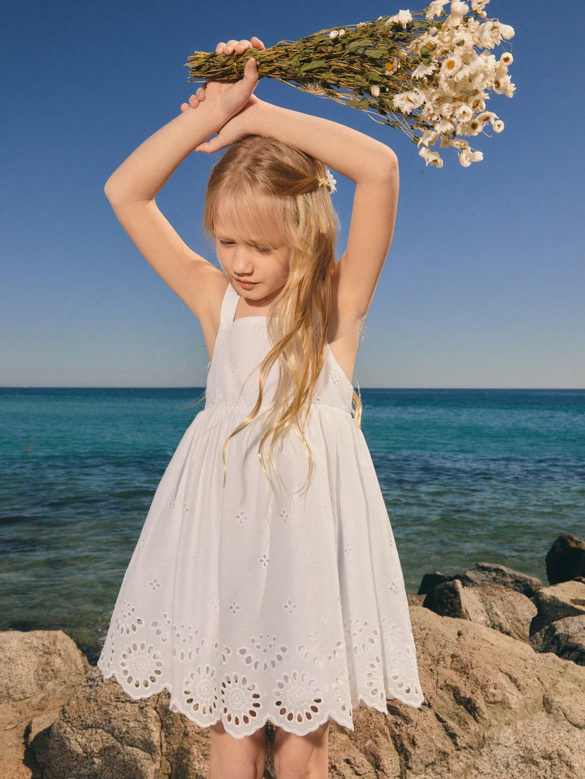 Young Girl's Embroidered Textured White Casual Vacation A-Line Mini Dress, Versatile For Spring/Summer