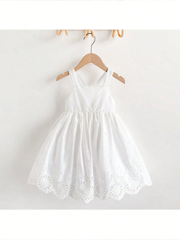 Young Girl's Embroidered Textured White Casual Vacation A-Line Mini Dress, Versatile For Spring/Summer