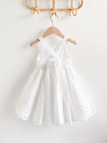 Young Girl's Embroidered Textured White Casual Vacation A-Line Mini Dress, Versatile For Spring/Summer