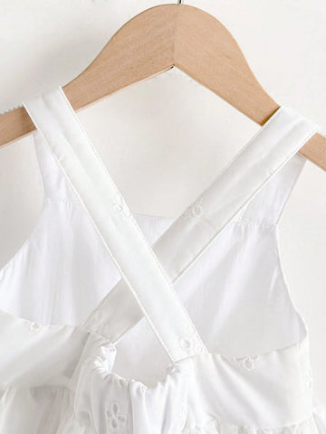 Young Girl's Embroidered Textured White Casual Vacation A-Line Mini Dress, Versatile For Spring/Summer