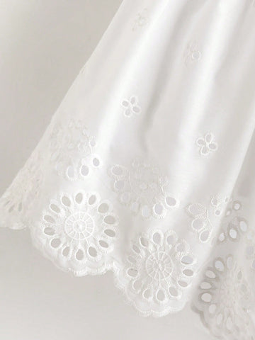 Young Girl's Embroidered Textured White Casual Vacation A-Line Mini Dress, Versatile For Spring/Summer