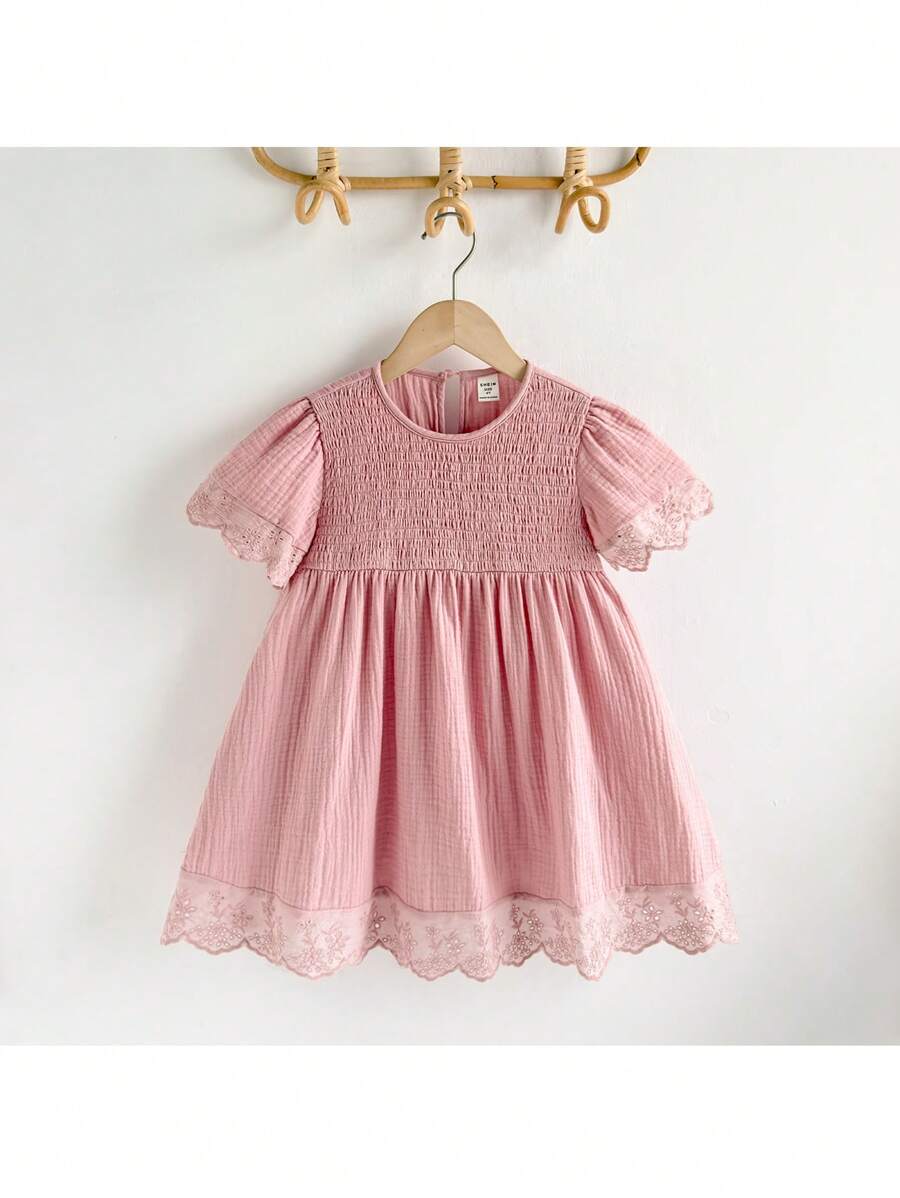 Young Girls Loose Casual Embroidered Fabric Gathered Ruffle Hem Dress