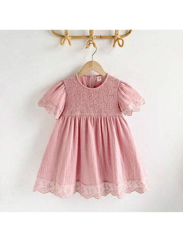 Young Girls Loose Casual Embroidered Fabric Gathered Ruffle Hem Dress