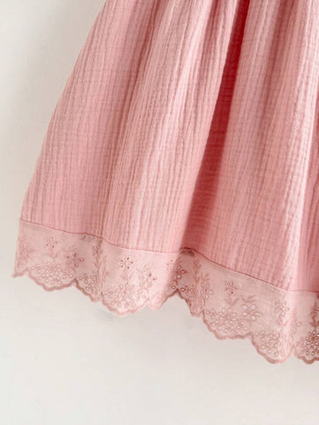 Young Girls Loose Casual Embroidered Fabric Gathered Ruffle Hem Dress
