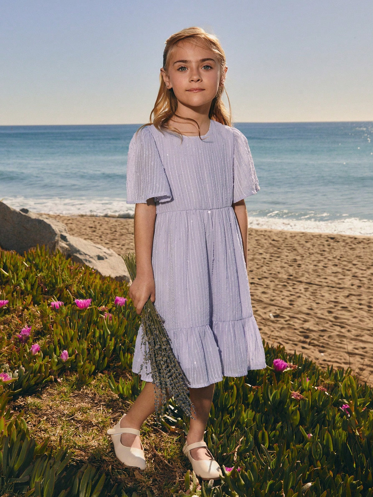 Young Girls Purple Chiffon Cut-Out Floral Elegant Short Sleeve Dress, Spring/Summer