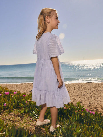 Young Girls Purple Chiffon Cut-Out Floral Elegant Short Sleeve Dress, Spring/Summer