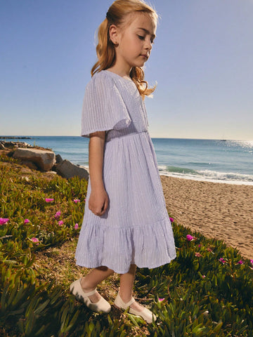 Young Girls Purple Chiffon Cut-Out Floral Elegant Short Sleeve Dress, Spring/Summer