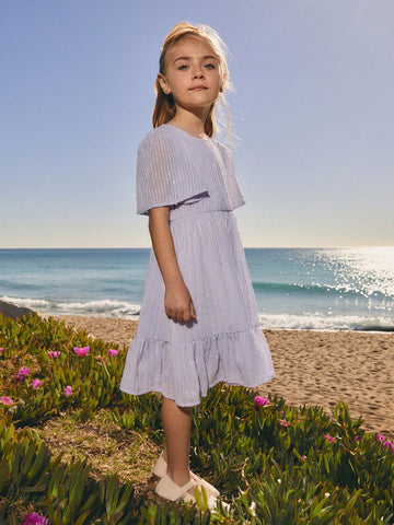 Young Girls Purple Chiffon Cut-Out Floral Elegant Short Sleeve Dress, Spring/Summer