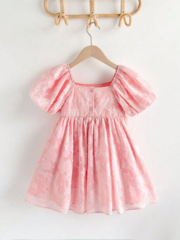 Young Girl's Summer Design Lantern Sleeve Vintage Textured Floral Embroidery Pink Cute Sweet Vacation Casual Loose Comfortable Dress